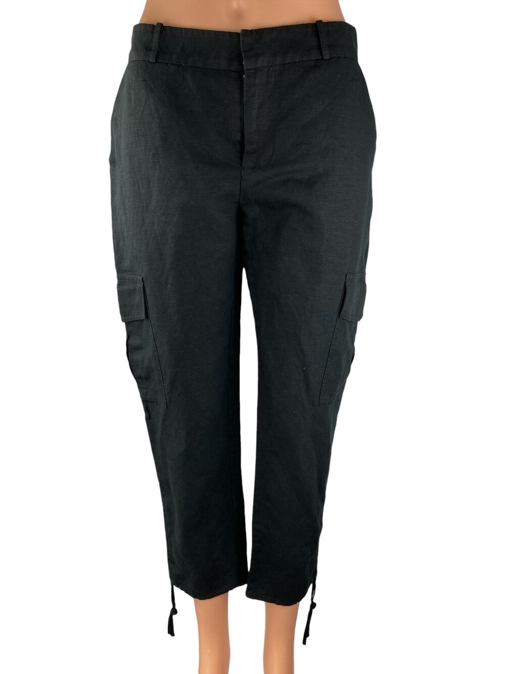 Parker Womens Black Linen High Rise Cropped Straight Leg Trousers Cargo Pants 4